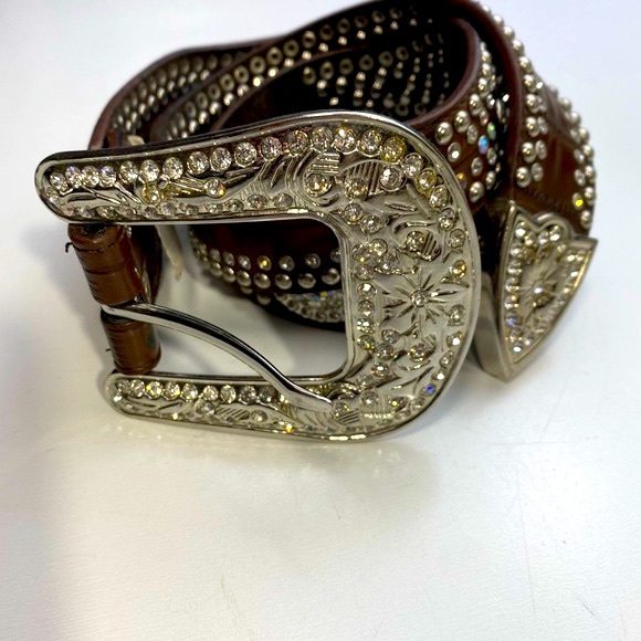 Nocona Y2K Vintage Bling Brown Silver Rhinestones Iridescent Jewel Vintage Belt - Picture 1 of 16